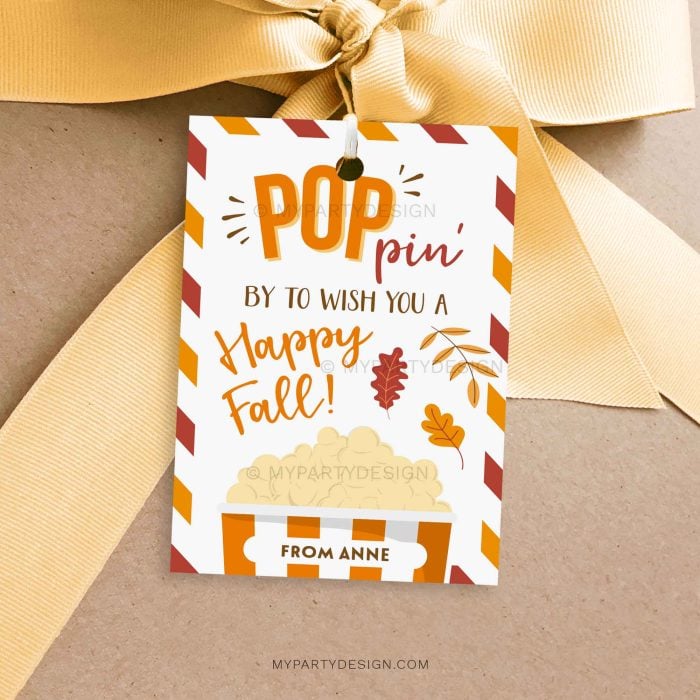 fall popcorn gift tag with autumn leaves illustrations in orange colors for fall appreciation gifts