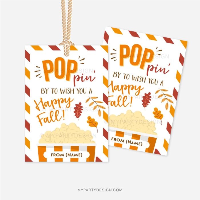 popcorn fall appreciation gift tags that read "poppin by to with you a happy fall"