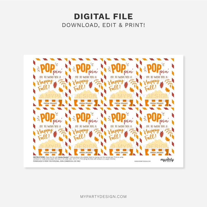 printable fall popcorn gift tag with autumn leaves illustrations in orange colors for fall appreciation gifts