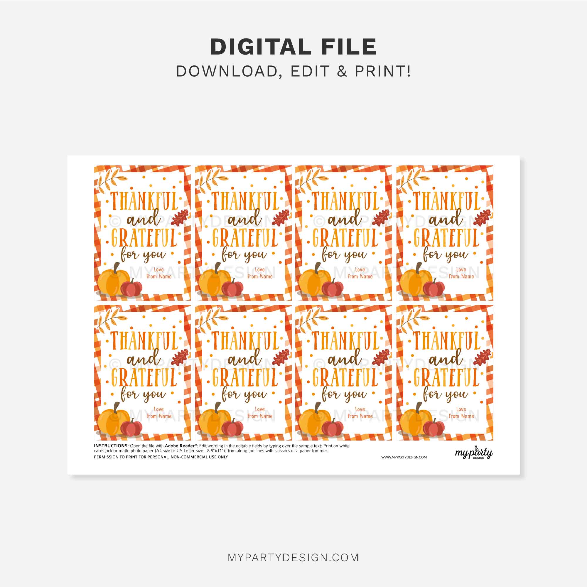 FALL-GIFT-TAGS-THANKFUL-AND-GRATEFUL-00C printable thankful and grateful for you gift tag in orange and brow colors featuring fall leaves and pumpkin illustrations for thanksgiving gifts