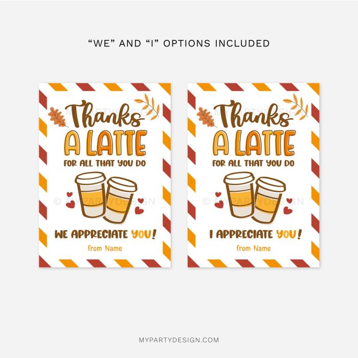 fall appreciation gift tags in orange colours that read "thanks a latte for all that you do, I appreciate you"