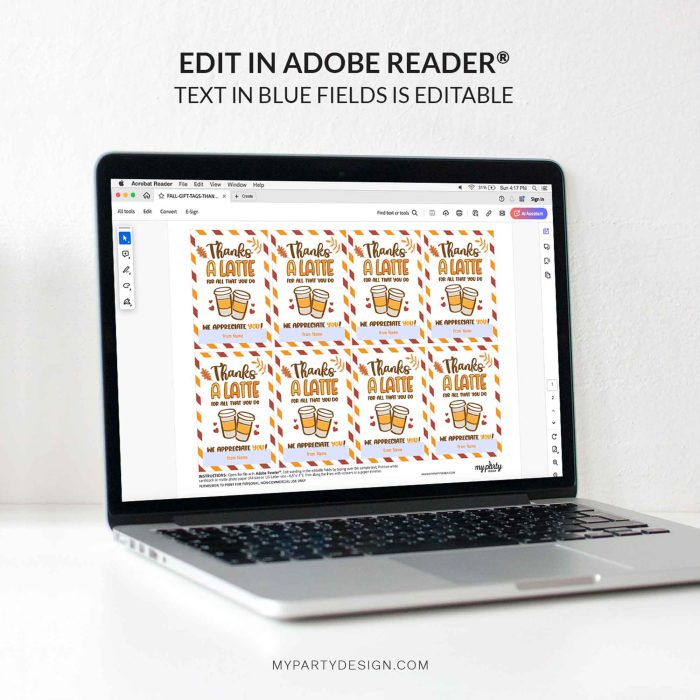 editable thanks a latte gift tag for fall coffee appreciation gifts