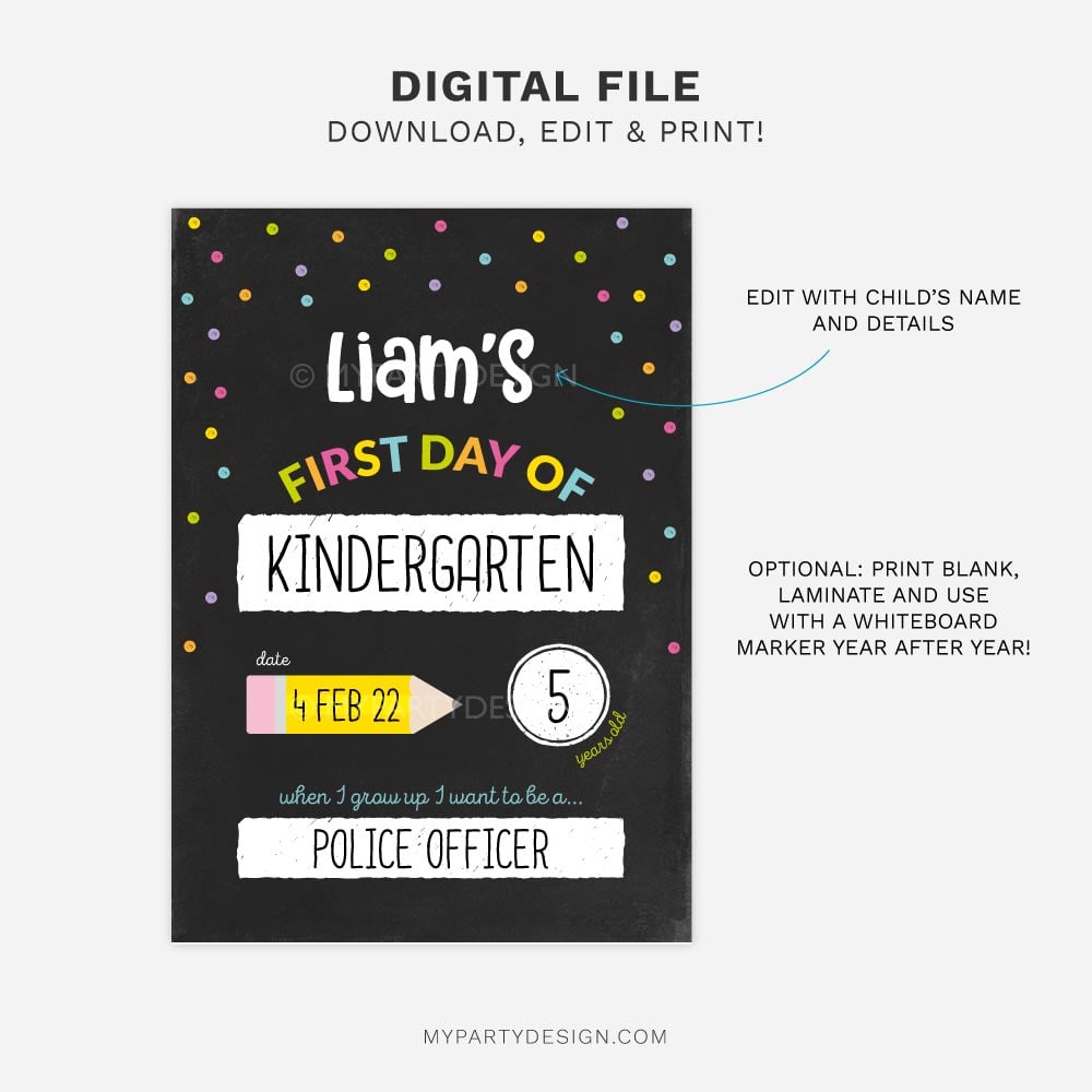 FIRST-DAY-OF-SCHOOL-SIGN-SPOTTY-BLACK-00B printable first day of school sign in black for boys and girls
