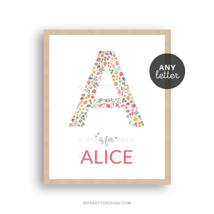 name print nursery art for girl, floral theme with any letter and name