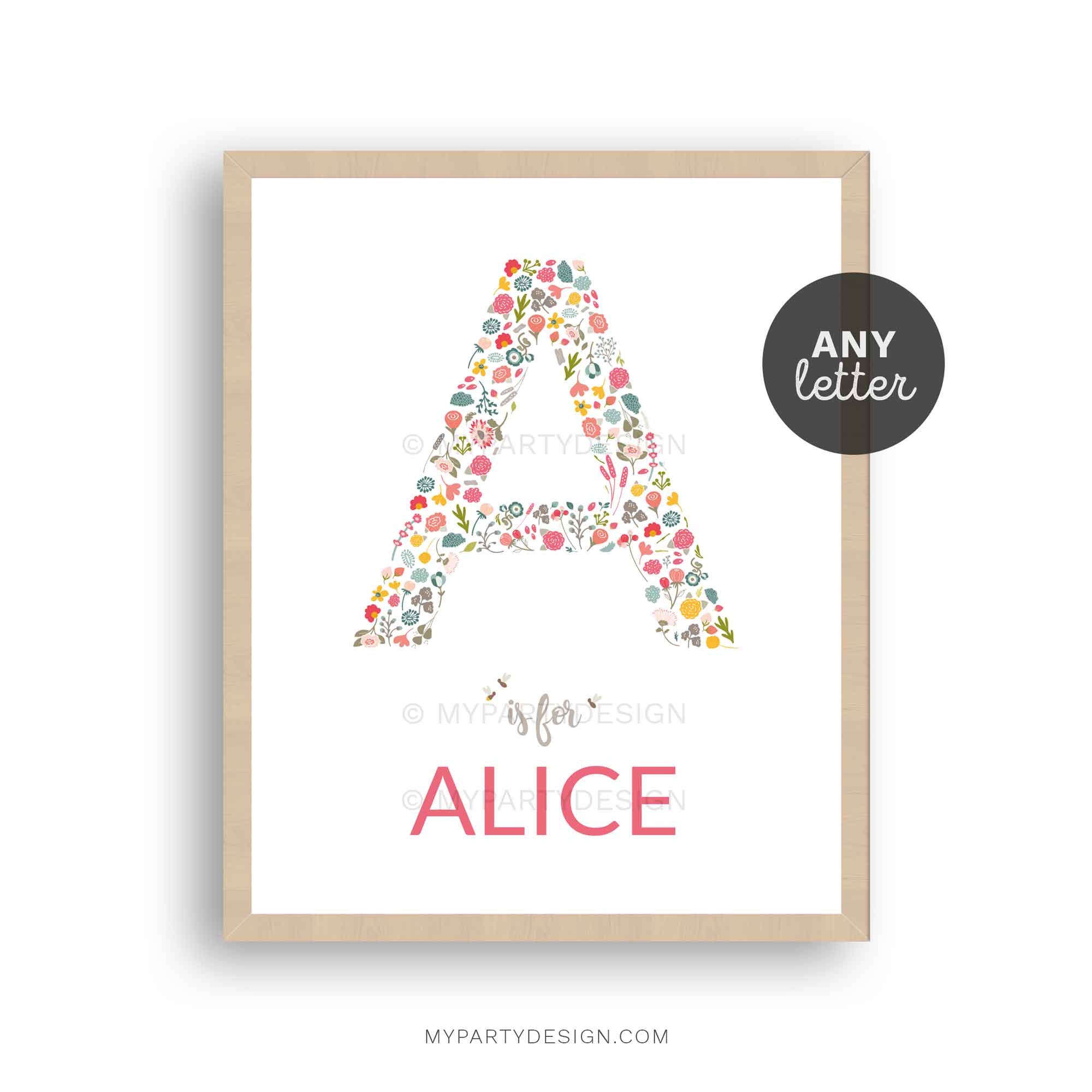 FLORAL_NAME_PRINTS_PR01-AA name print nursery art for girl, floral theme with any letter and name