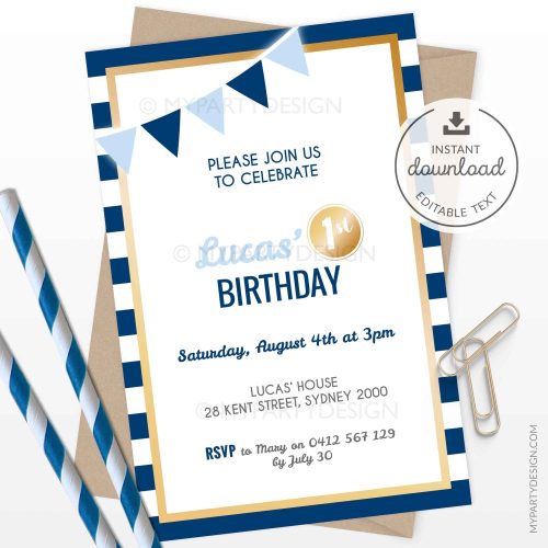 Navy and Gold Birthday Invitation