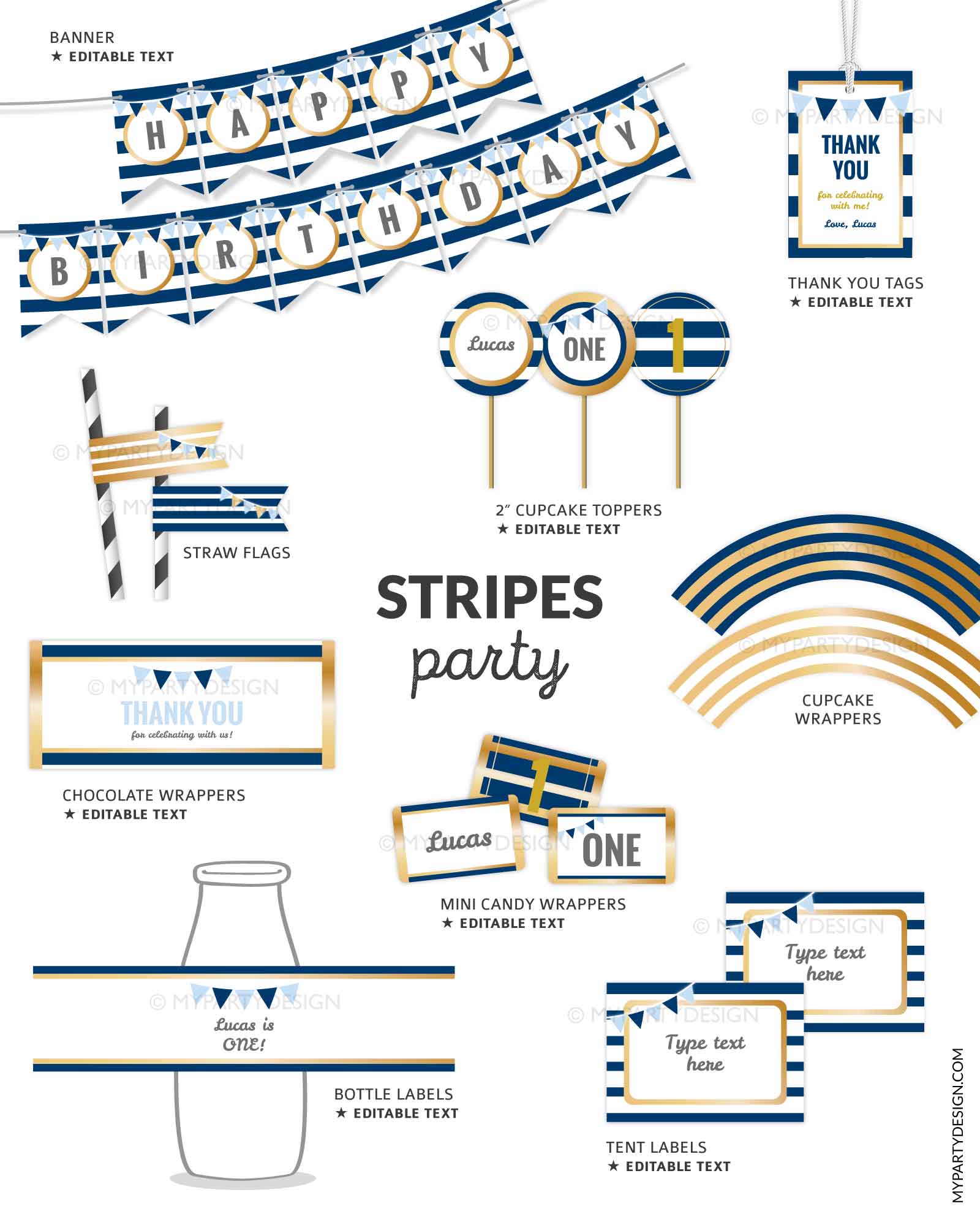 GOLD-NAVY-STRIPES-BIRTHDAY-PARTY-PRINTABLES-00B navy blue and gold party printables for milestone birthday, kids birthday, engagement, retirement party, baptism or any classic celebration