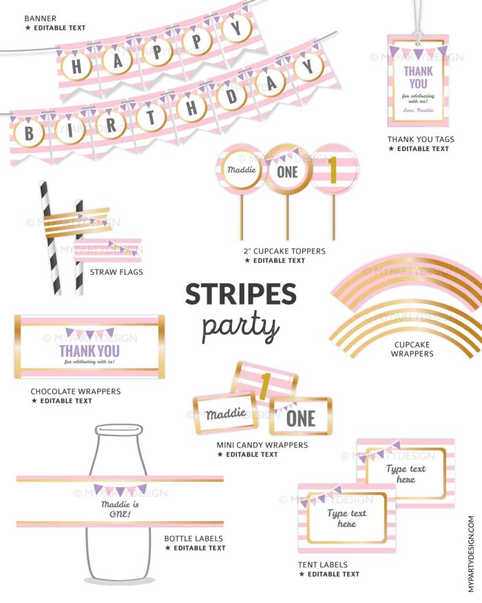 pink and gold stripes party printables for milestone birthday, kids birthday, engagement, retirement party, baptism or any classic celebration