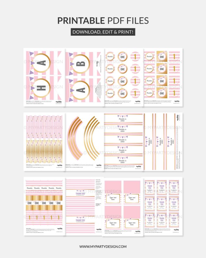 printable pink and gold stripes party printables for milestone birthday, kids birthday, engagement, retirement party, baptism or any classic celebration