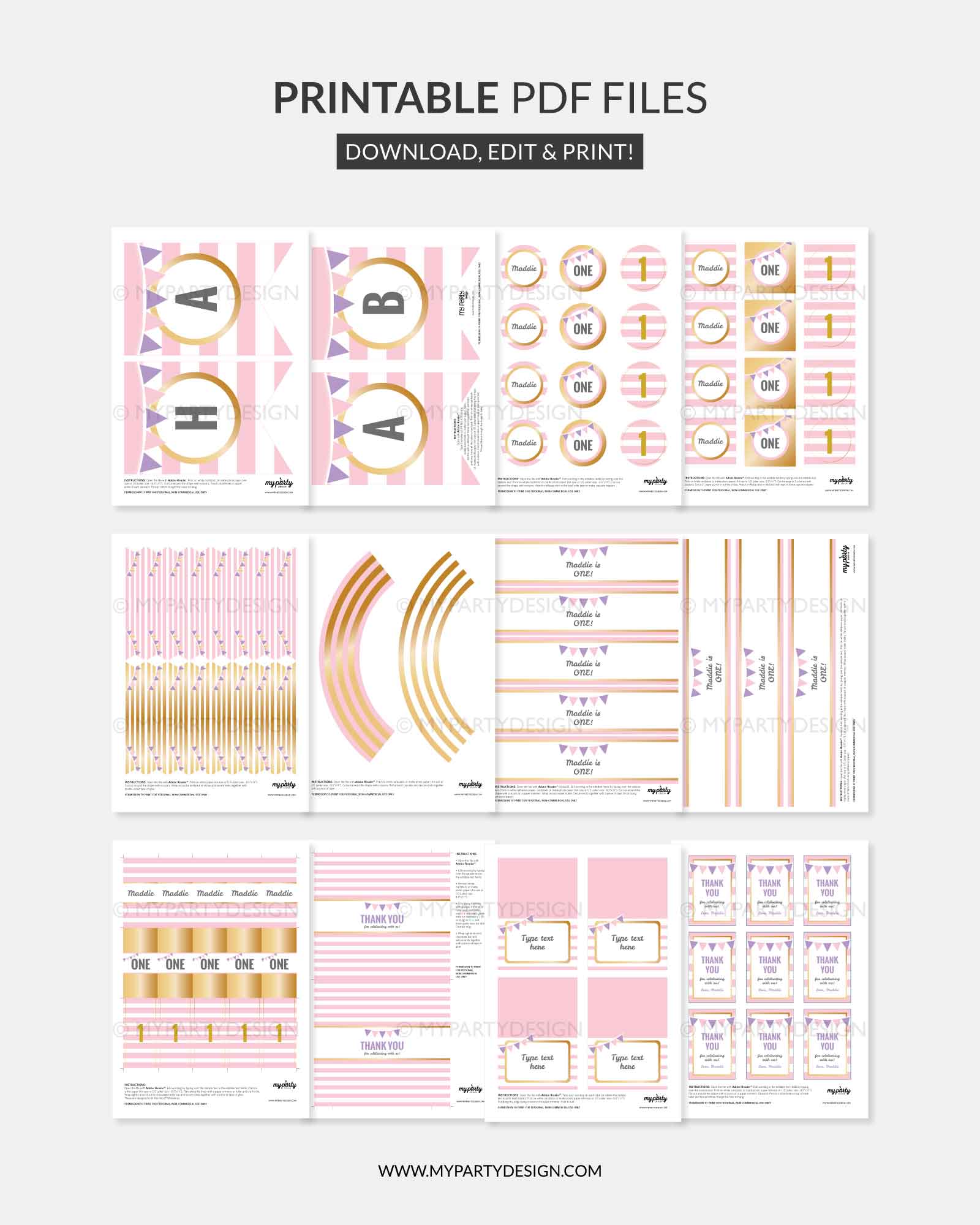 GOLD-PINK-STRIPES-BIRTHDAY-PARTY-PRINTABLES-00C printable pink and gold stripes party printables for milestone birthday, kids birthday, engagement, retirement party, baptism or any classic celebration