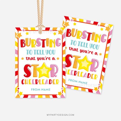 bursting to tell you're a star cheerleader tag for cheer good luck gifts