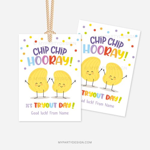 tryout good luck tags that read "chip chip hooray, it's tryout day"