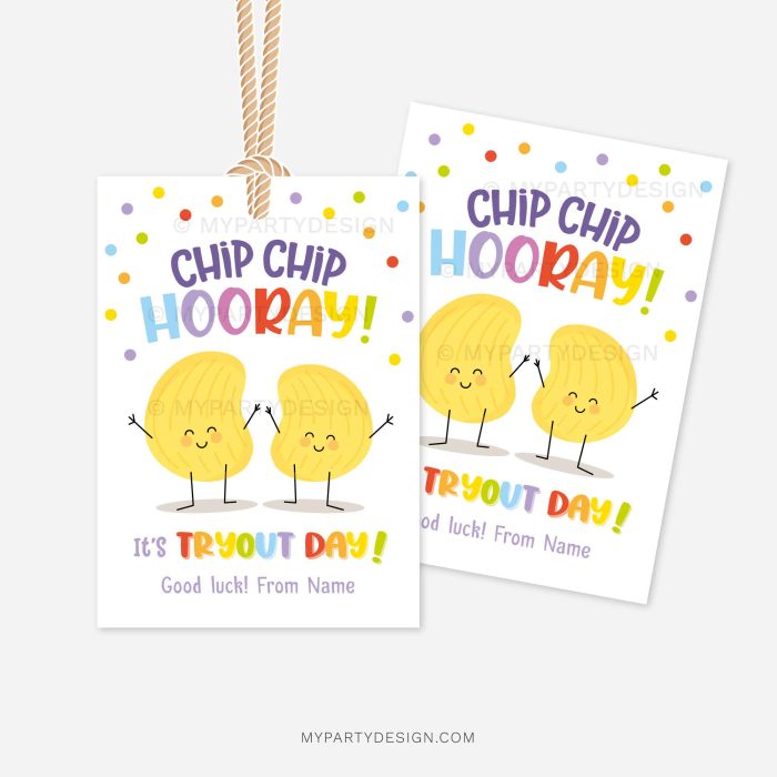 tryout good luck tags that read "chip chip hooray, it's tryout day"