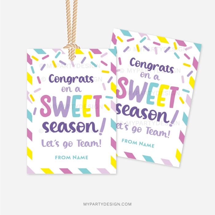 sweet gift tag for sports end of season gifts that reads "congrats on a sweet season"