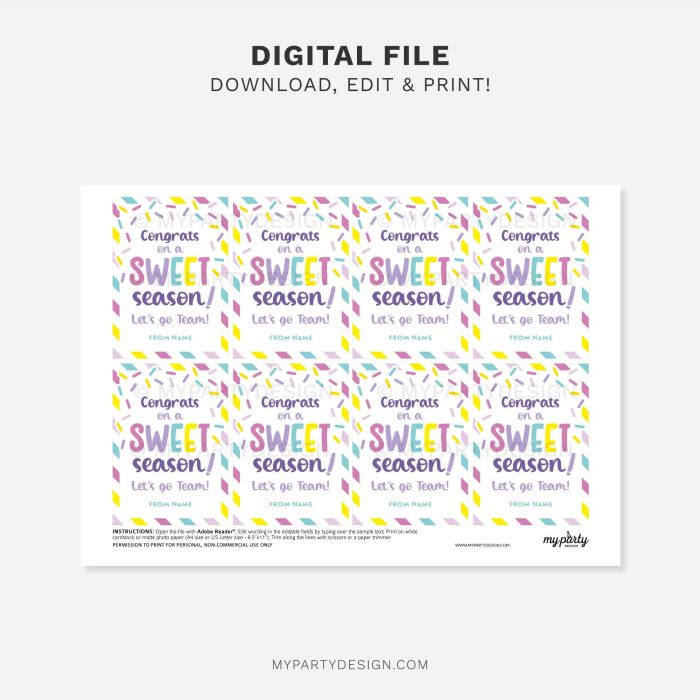 printable congrats sweet season team gift tag for sports, dance or cheer team gifts