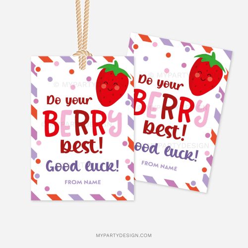 strawberry themed good luck gift tags that reads "do your berry best, good luck"