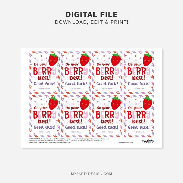 printable strawberry good luck gift tag for dance, cheer or sports good luck gifts