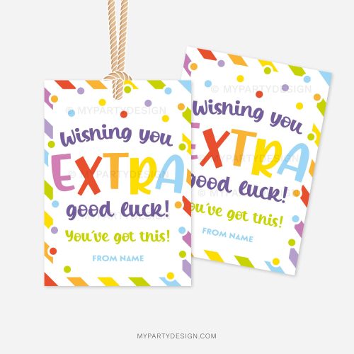 bubble gum good luck gift tag that reads "wishing you extra good luck, you've got this"