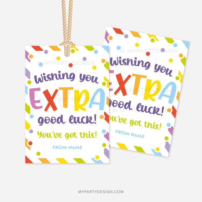 bubble gum good luck gift tag that reads "wishing you extra good luck, you've got this"