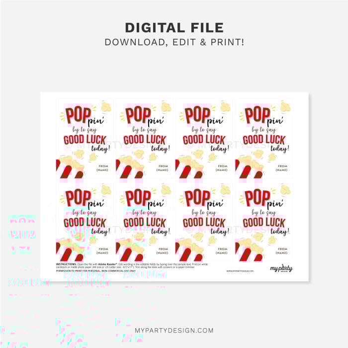 printable popcorn good luck gift tag for sports, dance or cheer team gifts