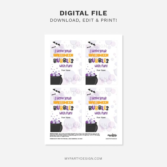 printable halloween bubbles cards for non candy halloween gifts