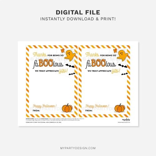 printable thanks for being so faBOOlous Halloween appreciation gift card holder in orange colours