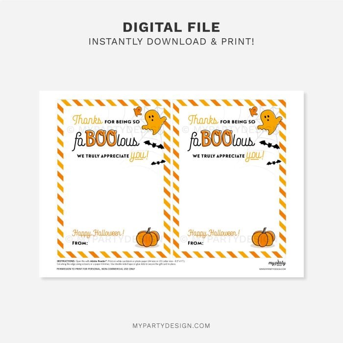 printable thanks for being so faBOOlous Halloween appreciation gift card holder in orange colours