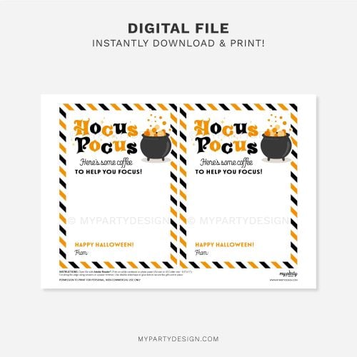 printable pocus hocus coffee gift card holder for Halloween gifts