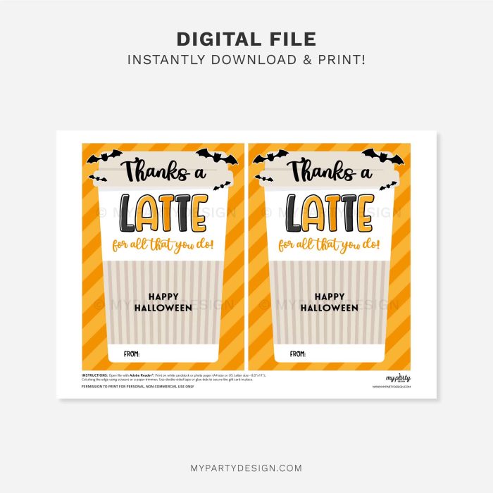 printable thanks a latte Halloween gift card holder for teacher gifts
