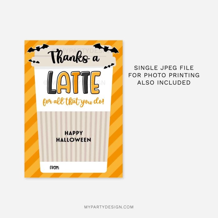thanks a latte Halloween gift card holder with coffee cup illustration and orange stripes background