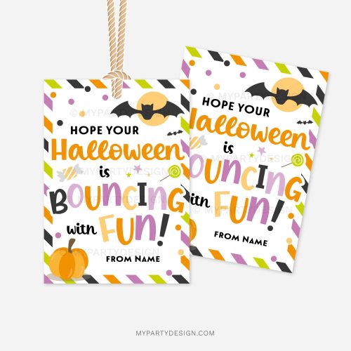 printable halloween class gift tags that read "Hope your Halloween is bouncing with fun!"