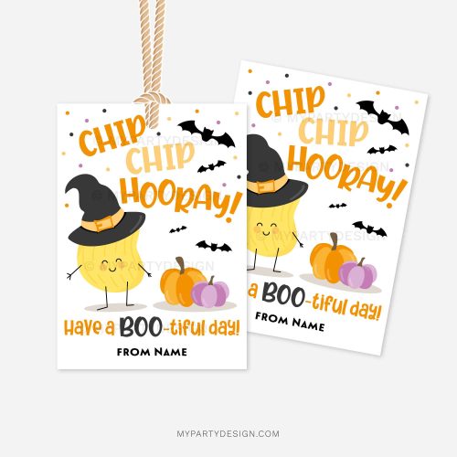halloween chips gift tags for class gifts that read "chip chip hooray, have a boo-tiful day"