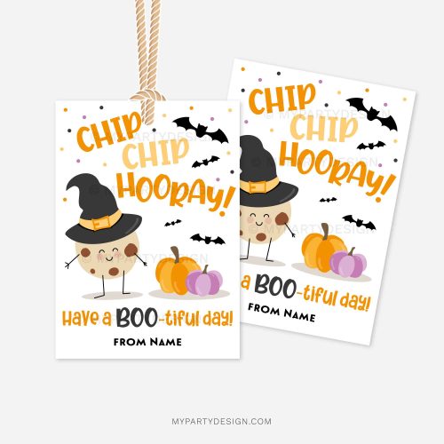 halloween cookie gift tags for class gifts that read "chip chip hooray, have a boo-tiful day"