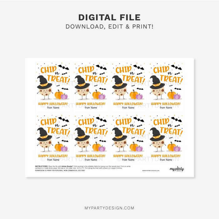 printable chip or treat cookie halloween tag for chocolate chip cookies class gifts