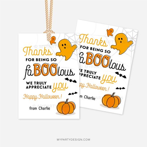 halloween appreciation tags that read "thanks for being so faBOOlous"