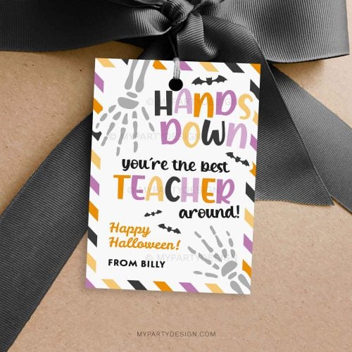 hands down best teacher around halloween gift tag with skeletal hand illustration for halloween appreciation gifts