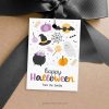 HALLOWEEN-GIFT-TAGS-HAPPY-HALLOWEEN-00A happy halloween gift tag with cute illustrations in orange, black and pink colors