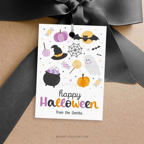happy halloween gift tag with cute illustrations in orange, black and pink colors