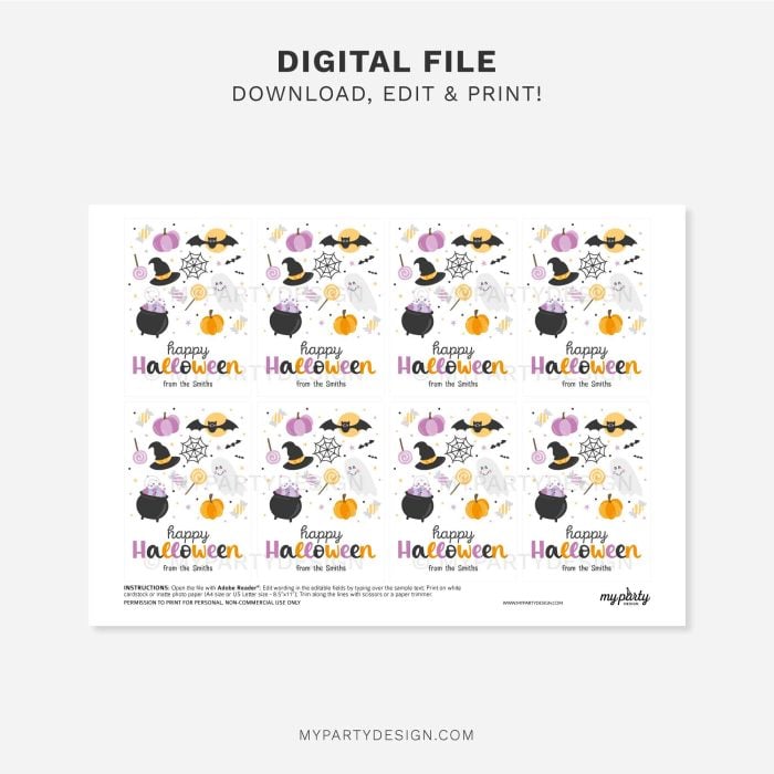 printable happy halloween gift tag with cute illustrations in orange, black and pink colors