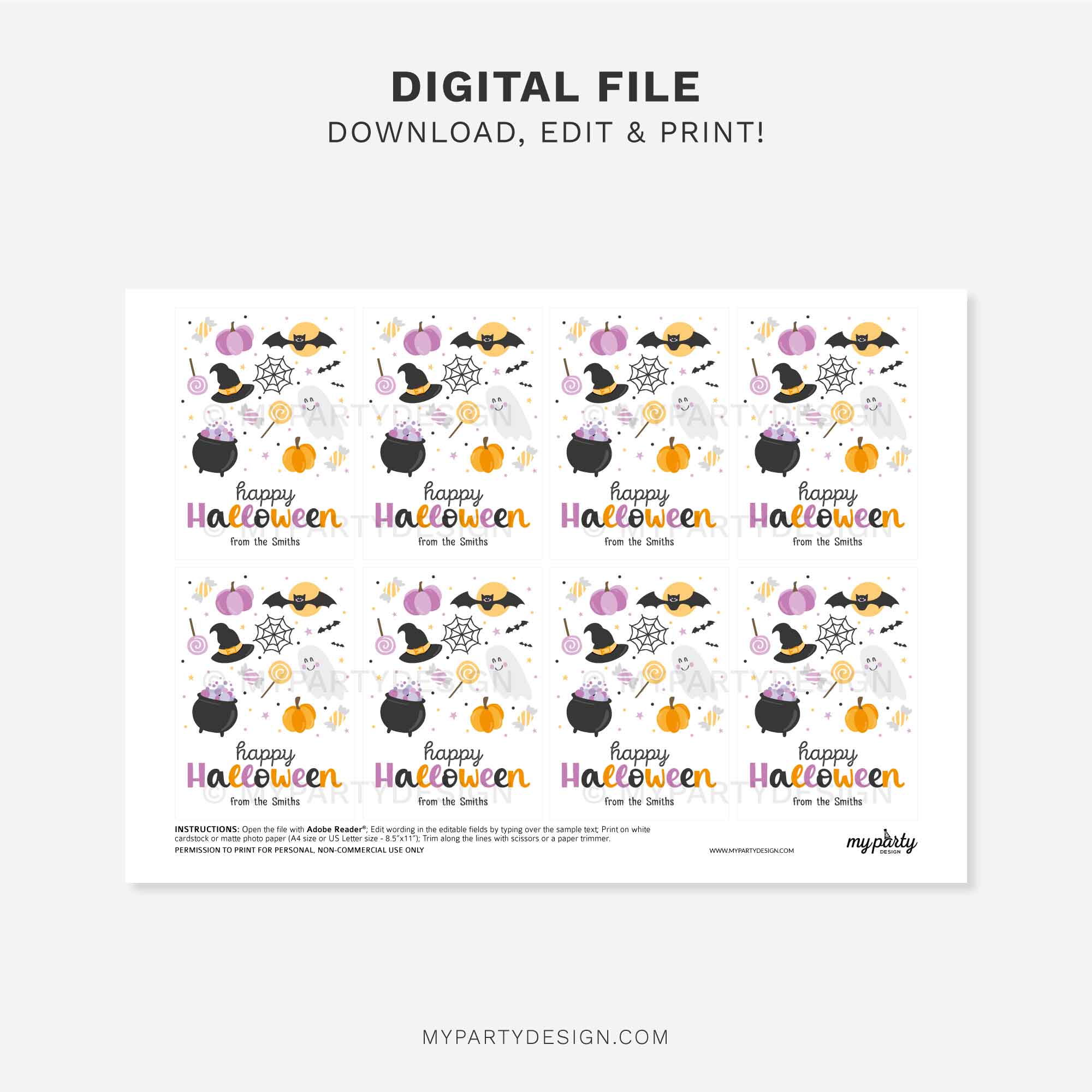 HALLOWEEN-GIFT-TAGS-HAPPY-HALLOWEEN-00C printable happy halloween gift tag with cute illustrations in orange, black and pink colors