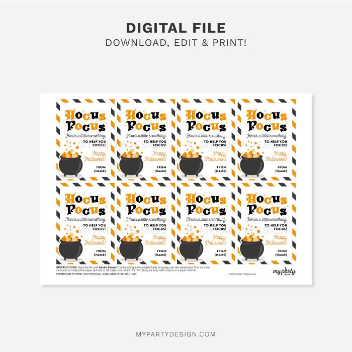printable hocus hocus here's something to help you focus tags for Halloween gifts