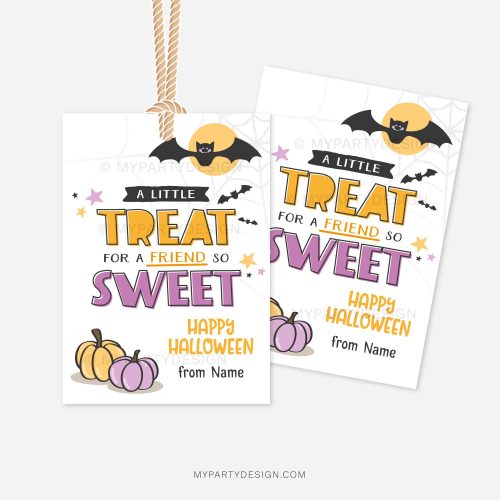 halloween gift tags for class gifts that read "a little treat for a friend so sweet"