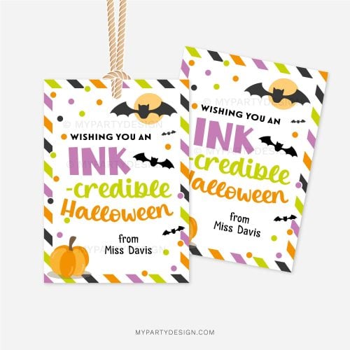 halloween pen tags for class gifts that read "wishing you an inkcredible halloween"
