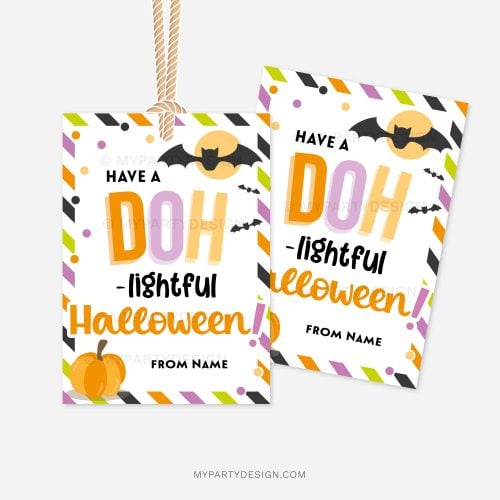 Halloween play dough gift tags that read " have a DOhlightful halloween gift tag for Halloween"