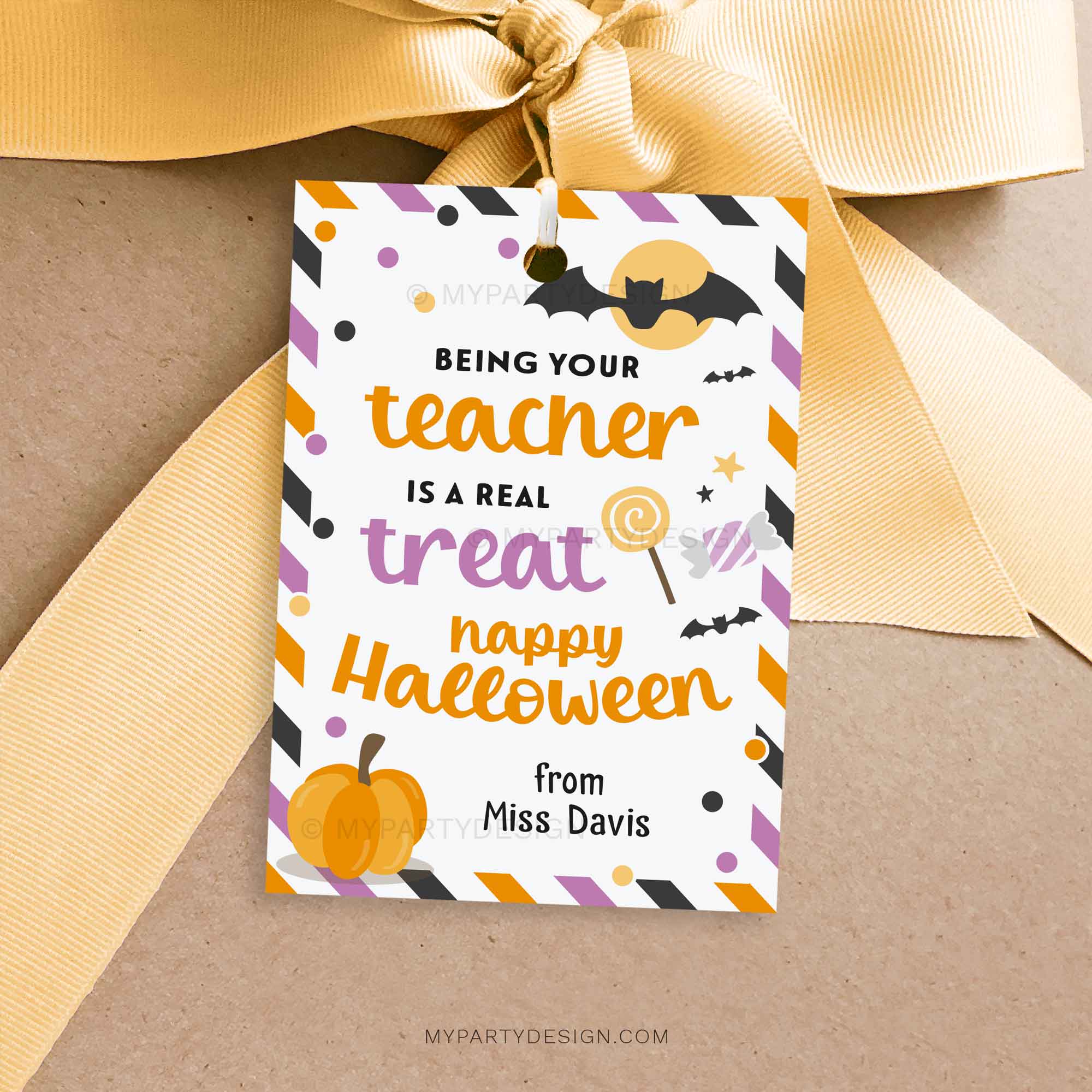 HALLOWEEN-GIFT-TAGS-REAL-TREAT-BEING-YOUR-TEACHER-00A Halloween Treat Tag for Students that reads "being your teacher is a real treat. happy Halloween"