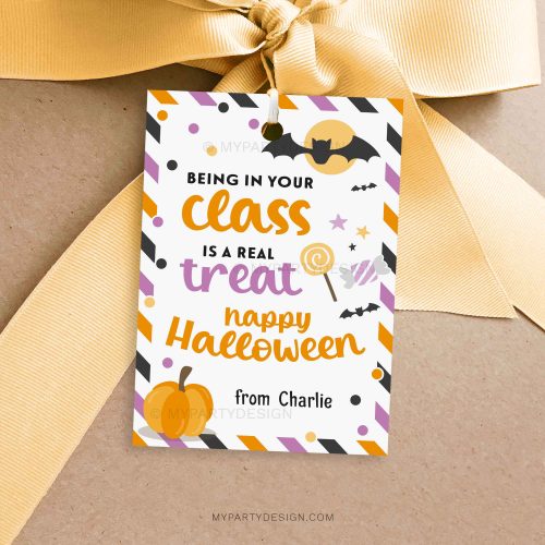Halloween treat tag for class gifts that reads "being in your class is a real treat. happy Halloween"