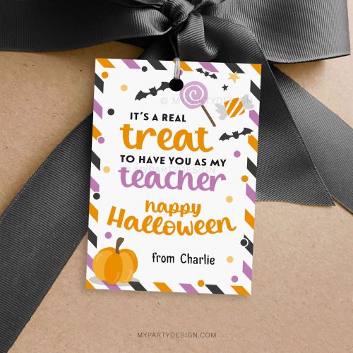 Halloween Treat Tag for Teachers that reads "it's a real treat to have you as my teacher. happy Halloween"