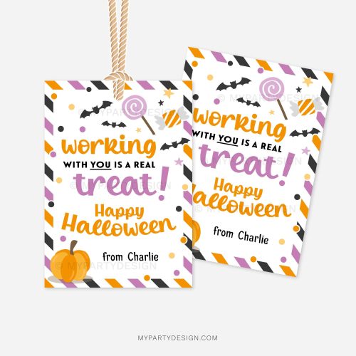 Halloween treat tag for work gifts that reads "working with you is a real treat. happy Halloween"
