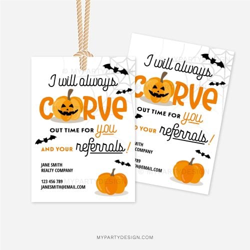 pumpkin halloween referrals tags in orange and black for realtor or medical referral gifts