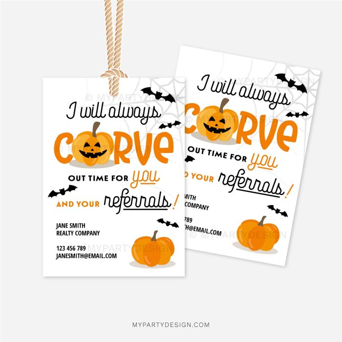 pumpkin halloween referrals tags in orange and black for realtor or medical referral gifts